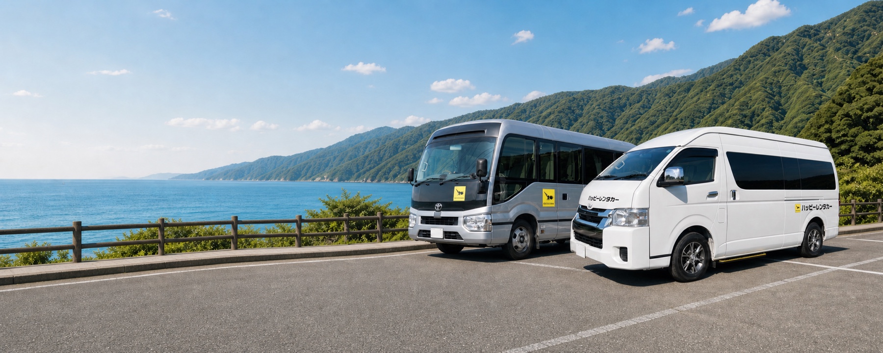 海と山の旅行先に停車するレンタルバスとハイエース